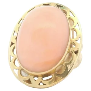 Vintage Italian 14K Gold Angel Skin Coral Cabochon Ring, Size 5.75