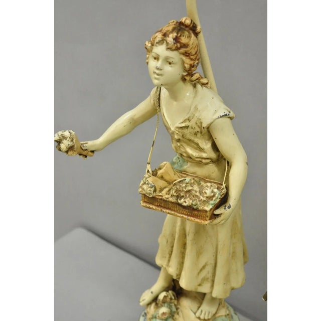 Early 20th Century Vintage French Renaissance Moreau Metal Boy and Girl Figural Table Lamp - A Pair For Sale - Image 5 of 12