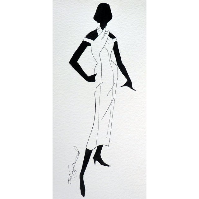 An exceptional original mid-century fashion sketch, hand-rendered in ink on archival paper. This illustration features an...