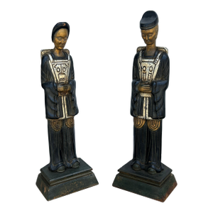Pair of Art Deco Chinoiserie Carved Wood Figures, 1930s