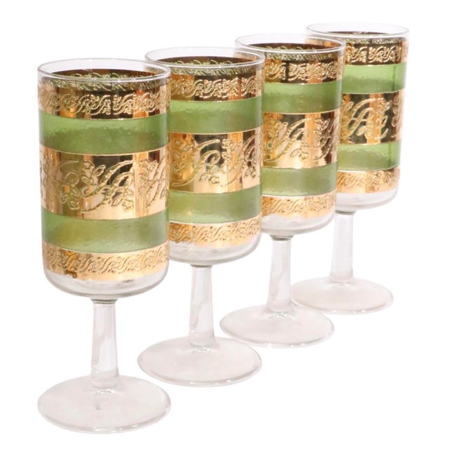 Rare large set of Mid Century, Hollywood Regency 22K gold decorated barware glasses, by Culver, as part of the classic...