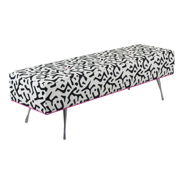 Black and White Linen Bench With Italian Style Metal Legs For Sale