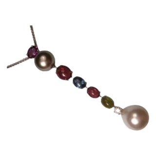 18K White Gold Diamond Gemstone Tahitian Pearl Pendant Necklace For Sale