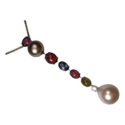 18K White Gold Diamond Gemstone Tahitian Pearl Pendant Necklace For Sale
