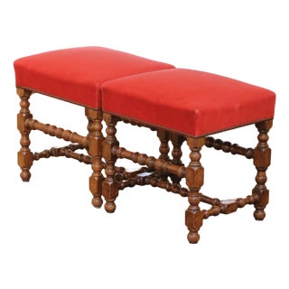 Pair of 19th Century French Louis XIII Style Walnut Upholstered Stools For Sale