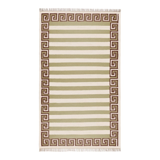 Part & Parcel Goods Wool Stripe Rug, 5' x 8', Sage, Chocolate and Eggshell For Sale