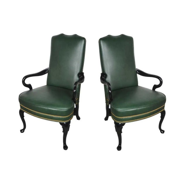 Mid 20th Century Vintage Queen Anne Green Library Office Lounge Armchairs - A Pair For Sale - Image 5 of 7