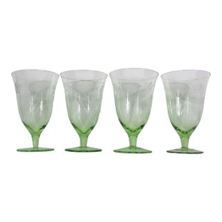 Etched Dragonfly Butterfly Mid 20th Century Spring Green Grass and Flowers Large Goblets- Set of 4 For Sale
