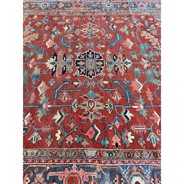Antique Persian Heriz Carpet Handmade Wool Oriental Rug, Rust, Navy-Medium Blue For Sale - Image 11 of 18