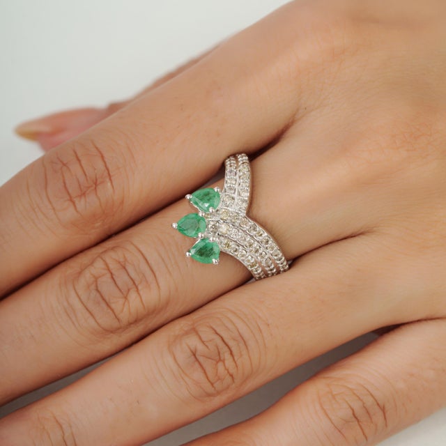 Emerald Victorian Inspired Certified 1.14 Ct Pear Cut Emerald & Diamond Crown Cocktail Ring Size 8 For Sale - Image 8 of 14