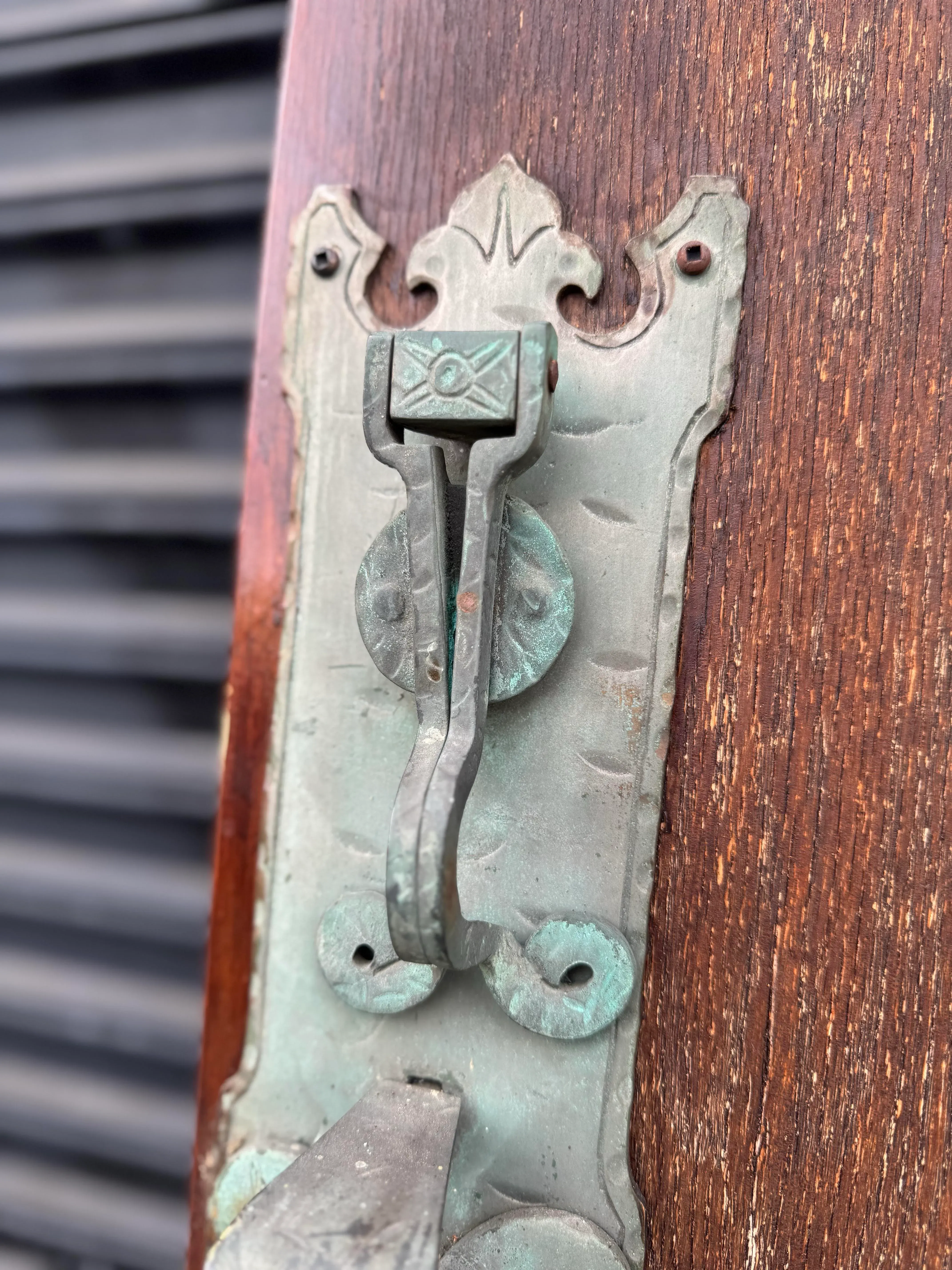 1920s Tudor Revival Pointed Arc Door With Original Bronze Hardware