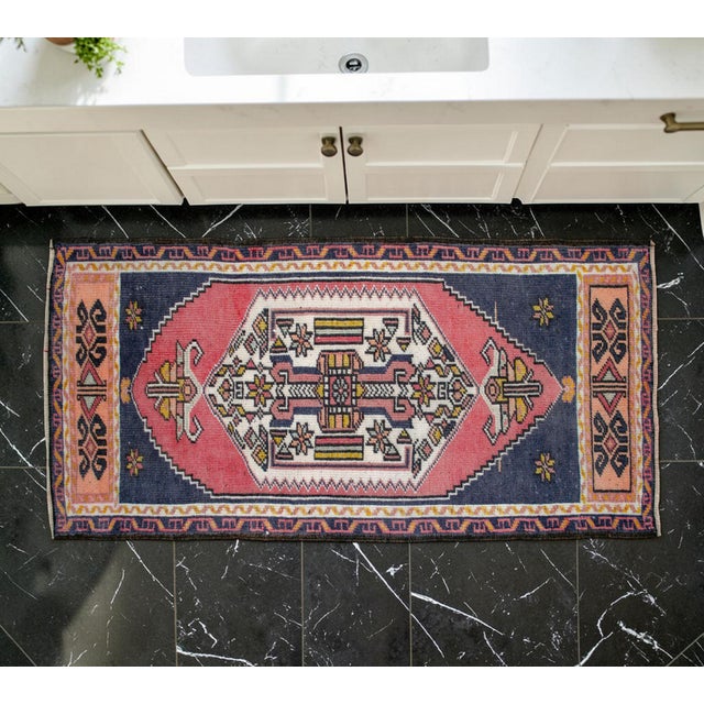 Farmhouse Vintage Turkish Rug 2x4 Pink Navy Hand Knotted Small Area Mat Accent Rug Doormat For Sale - Image 3 of 12