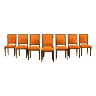 French Louis XVI Style Maple Dining Chairs in Orange Chenille - Set of 8 For Sale