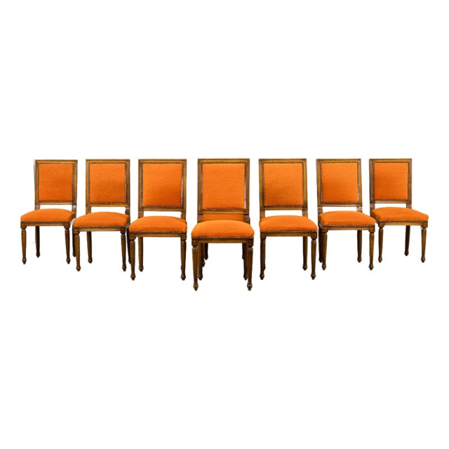 French Louis XVI Style Maple Dining Chairs in Orange Chenille - Set of 8 For Sale