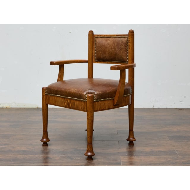 Wood Early 20th Century English Burl Wood Armchair with Leather Upholstery and Turned Disc Feet For Sale - Image 7 of 12