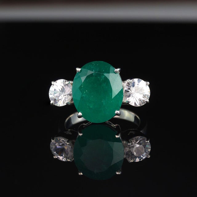 Statement Dinner Ring of Brazilian Emerald & Genuine Zircons in Silver Size 7 For Sale - Image 4 of 7
