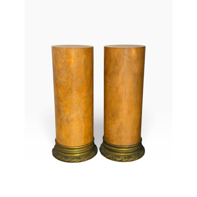 Pair of 18c Style Trompe l'Oeil Painted Faux Marble & Gilt Bronze Columns For Sale In Los Angeles - Image 6 of 7
