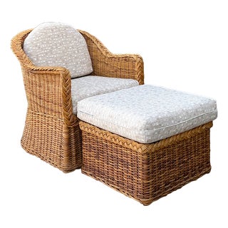 Vintage Braided Rattan Lounge Chair and Ottoman For Sale