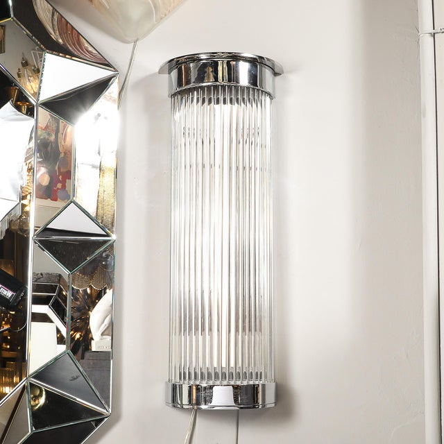 Mid 20th Century Pair of Art Deco Style Glass Rod Sconces in Chrome Fittings For Sale - Image 5 of 15
