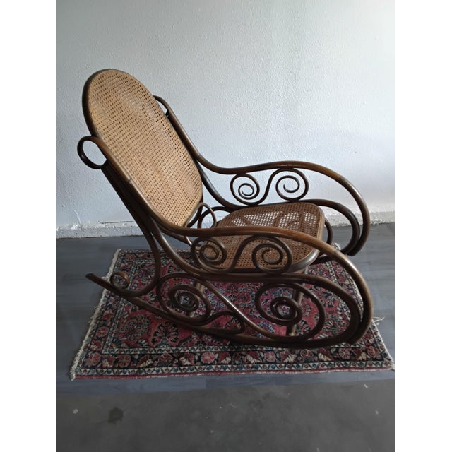 Wood Vintage Thonet Style Bentwood Cane Rocking Chair With Scrollwork For Sale - Image 7 of 14