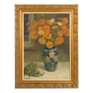 Jos Pas, Still Life with Flowers and Grapes in a Vase, 1944, Oil on Canvas For Sale