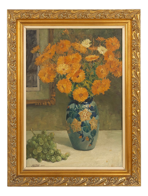 Jos Pas, Still Life with Flowers and Grapes in a Vase, 1944, Oil on Canvas