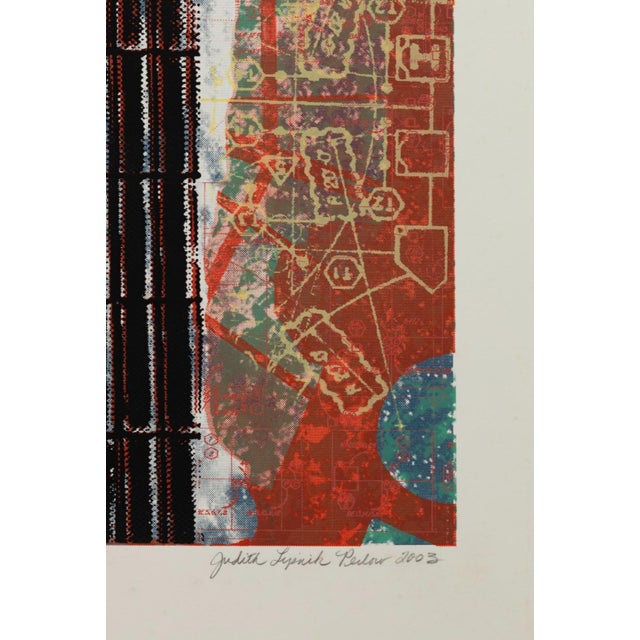 A color serigraph depicting a classical column rendered in dark tones set against a layered red and multicolored ground....