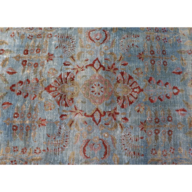 Salmon Blue Background Antique Persian Mohajerah Rug With Salmon, Blue, Green, and Red For Sale - Image 8 of 15