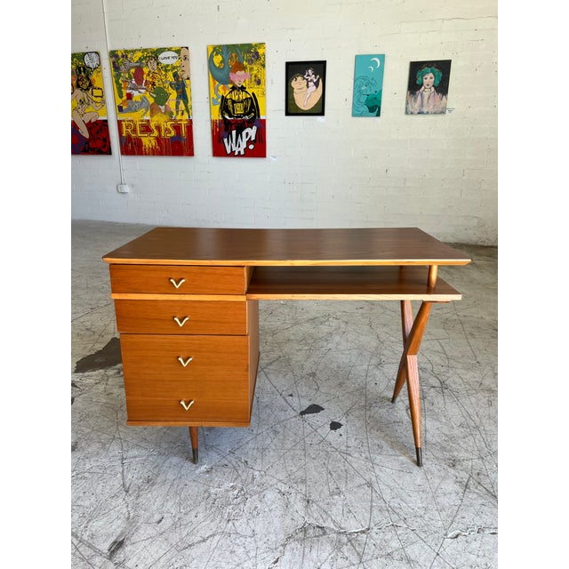 1960s Vintage Petite Walnut X-Base Writing Desk For Sale - Image 5 of 5