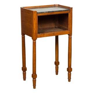 Petite French 19th Century Walnut Table with Open Shelf and Black Marble Top For Sale