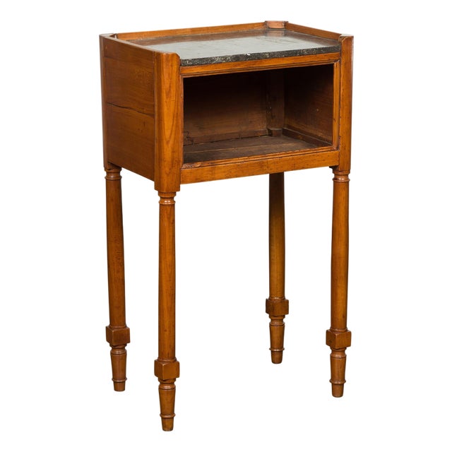 Petite French 19th Century Walnut Table with Open Shelf and Black Marble Top For Sale