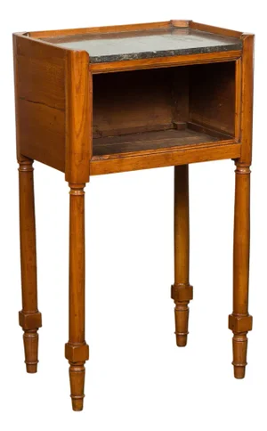 Petite French 19th Century Walnut Table with Open Shelf and Black Marble Top