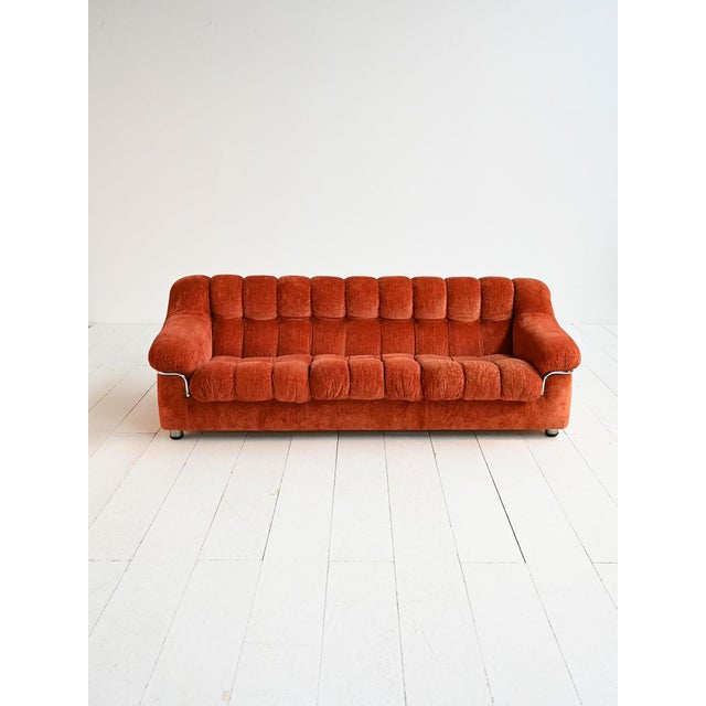 Vintage Rust-Colored Velvet Sofa with Metal Details, 1970s For Sale - Image 11 of 11