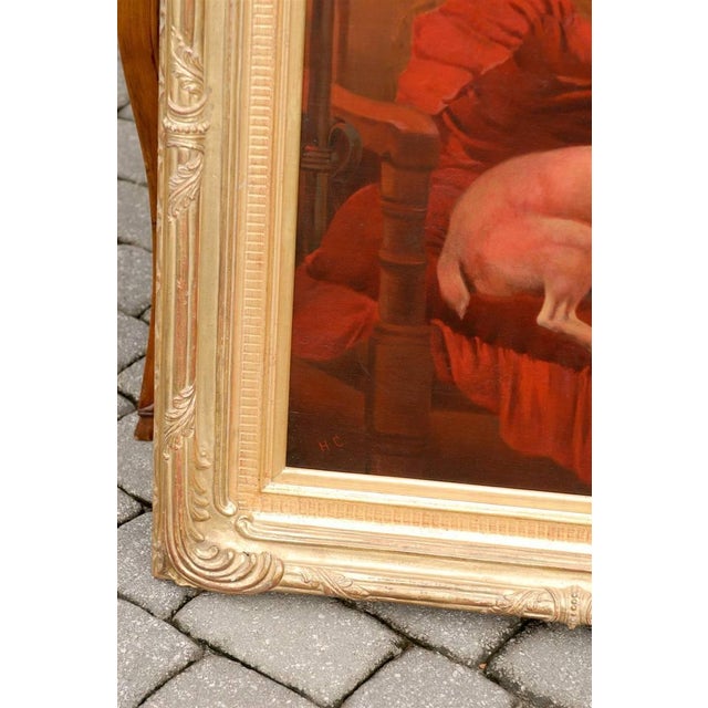 English Late 19th Century Vertical Oil Painting of a Dog Sitting in an Armchair For Sale - Image 9 of 10