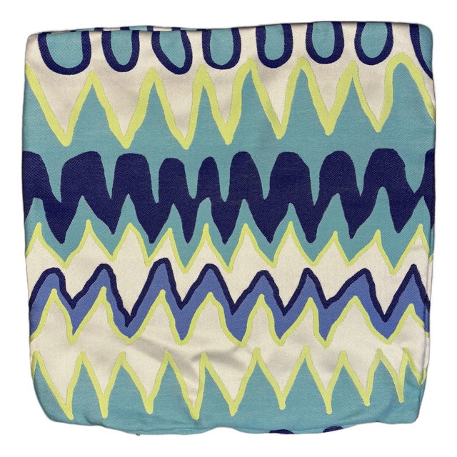 Handmade Blue Chevron Wavy Designer Pillow Cover 22 in Square Made in Usa Blue For Sale