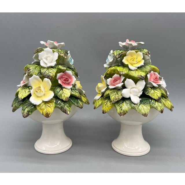 English Petite Pair of Vintage Ceramic Floral Topiary Pedestals – Capodimonte Style - Cottagecore, Romantic, English Garden For Sale - Image 3 of 18