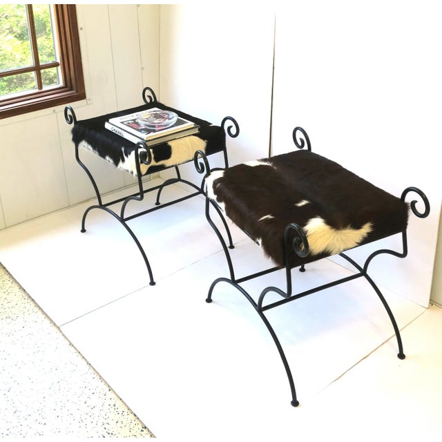 Late 20th Century Black Wrought Iron and Hide Benches or Stools, Pair For Sale - Image 5 of 13