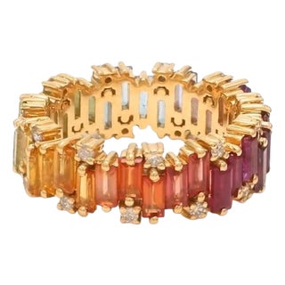 Natural 4.36 cts rainbow sapphire & 0.35 cts diamond zig zag ring in 14k gold For Sale