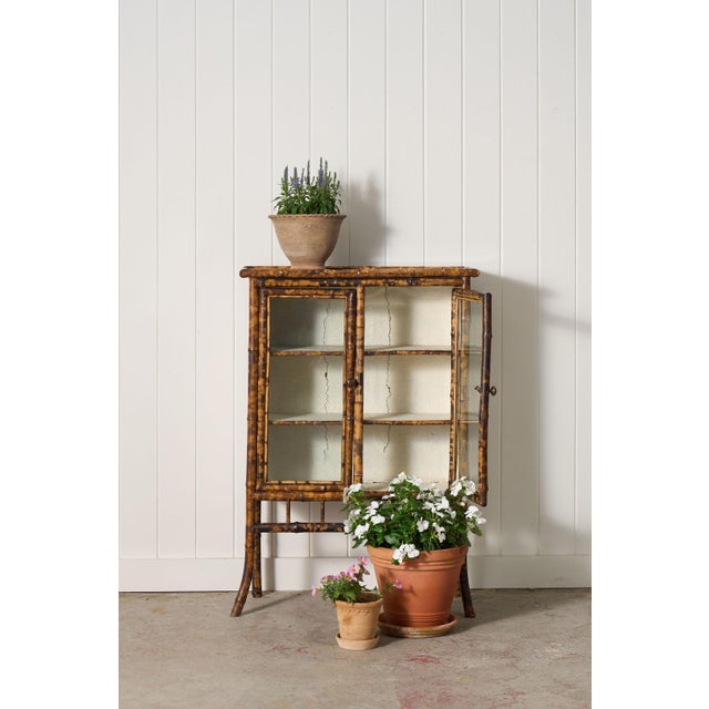 19th Century English Tortoise Bamboo 2-Door Glass Front Cabinet with three shelves, featuring richly toned bamboo...