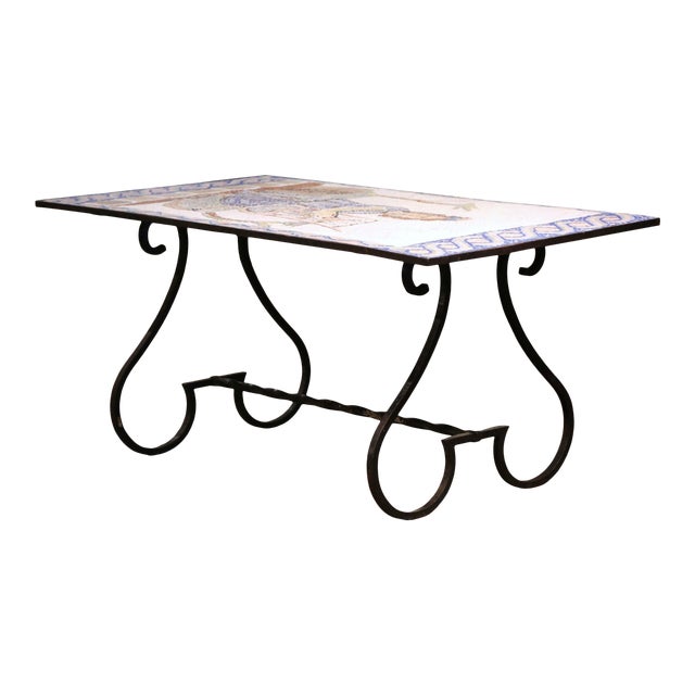 19th Century French Wrought Iron Outdoor Table With Ceramic Mosaic Top