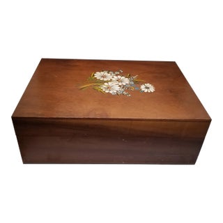 Vintage Handpainted Florals Walnut Sewing Box For Sale