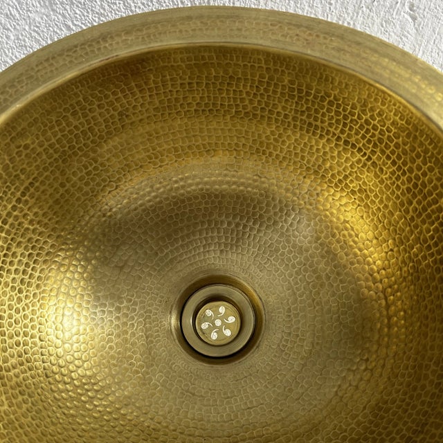 Rustic Moroccan Farmhouse Hammered Brass Sink Bathroom Drop-In Oval Bar Sink With Brass Drain For Sale - Image 6 of 10