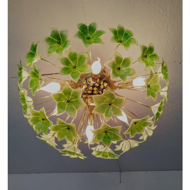 Green Floral Sputnik Flush Mount Chandelier 1980s Glass Flowers For Sale - Image 11 of 12