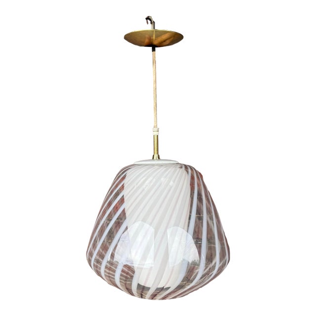 Glass Pendant Chandelier, With Hand-Blown Glass Shade Over White Glass Cone, Murano Italy 1950's by Lightolier For Sale