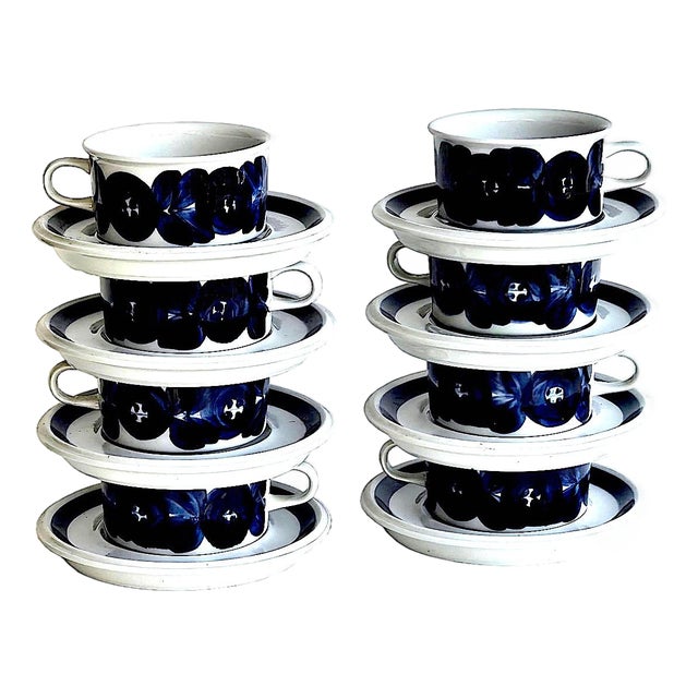 Vintage Anemone Blue by Arabia of Finland Flat Cups and Saucers Designed by Ulla Procopé , 16 Pieces For Sale