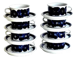 Vintage Anemone Blue by Arabia of Finland Flat Cups and Saucers Designed by Ulla Procopé , 16 Pieces