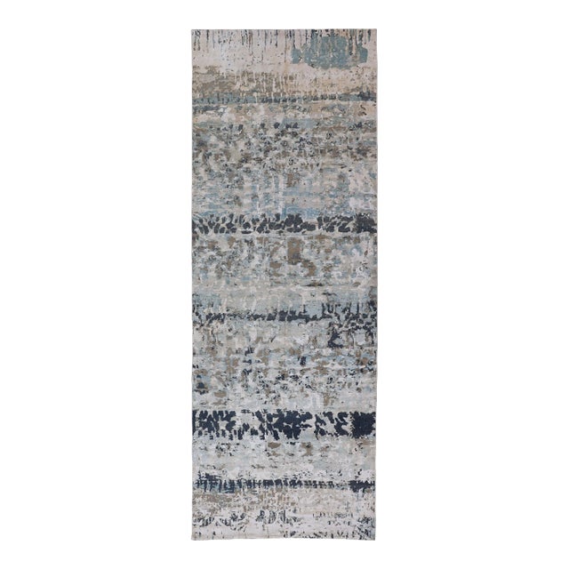 Modern Indian Abstract Bamboo Silk and Wool Gallery Runner in Earthy Tones For Sale