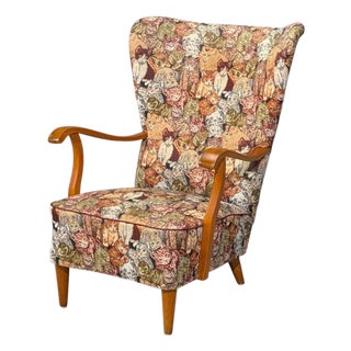Swedish Modern, Wingback Lounge Chair, Birch, Fabric, Sweden, 1950s For Sale
