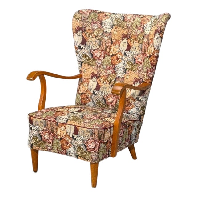 Swedish Modern, Wingback Lounge Chair, Birch, Fabric, Sweden, 1950s For Sale