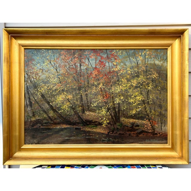 Yellow Vintage Original American Impressionist Oil Painting Fall Landscape by John McClusky For Sale - Image 8 of 8